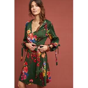 Eva Franco Green Floral Wrap Dress with Tie Sleeves